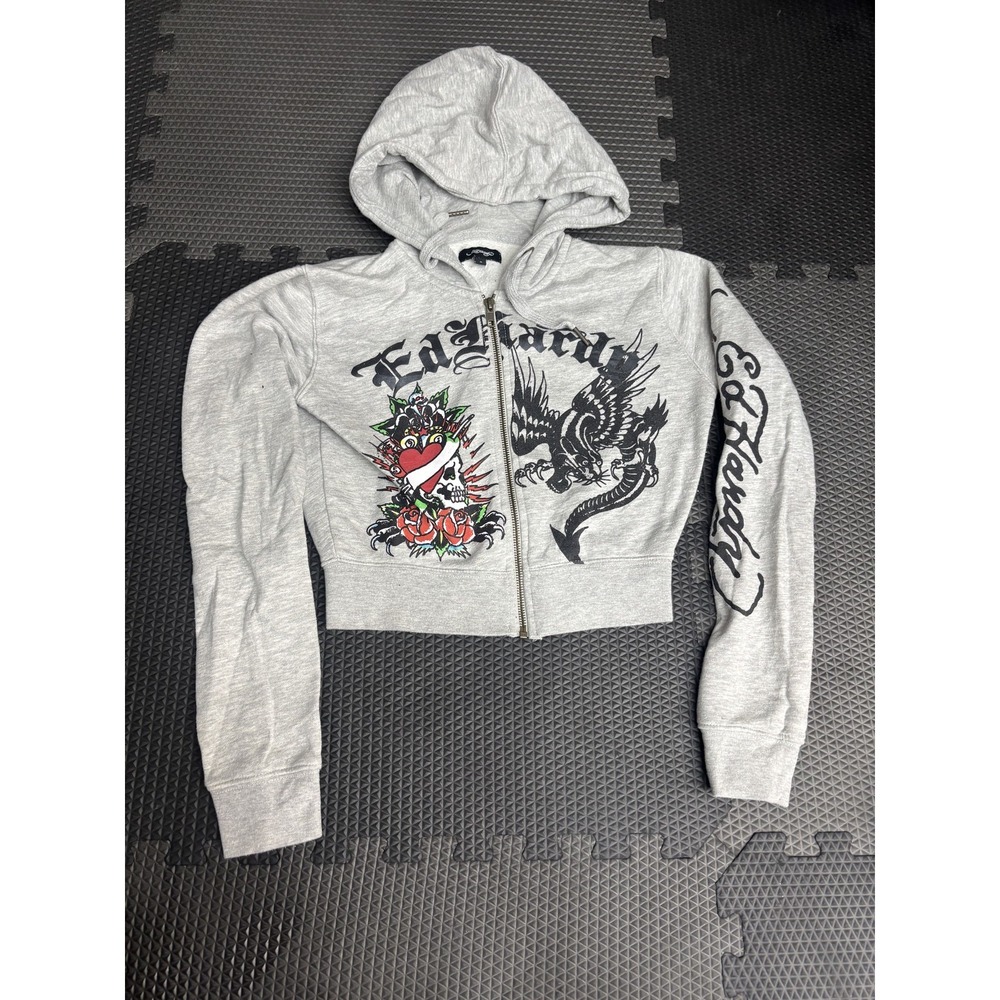 Ed Hardy Women's Gray Full Zip Cropped Hoodie Tattoo Graphic Y2K Size Small